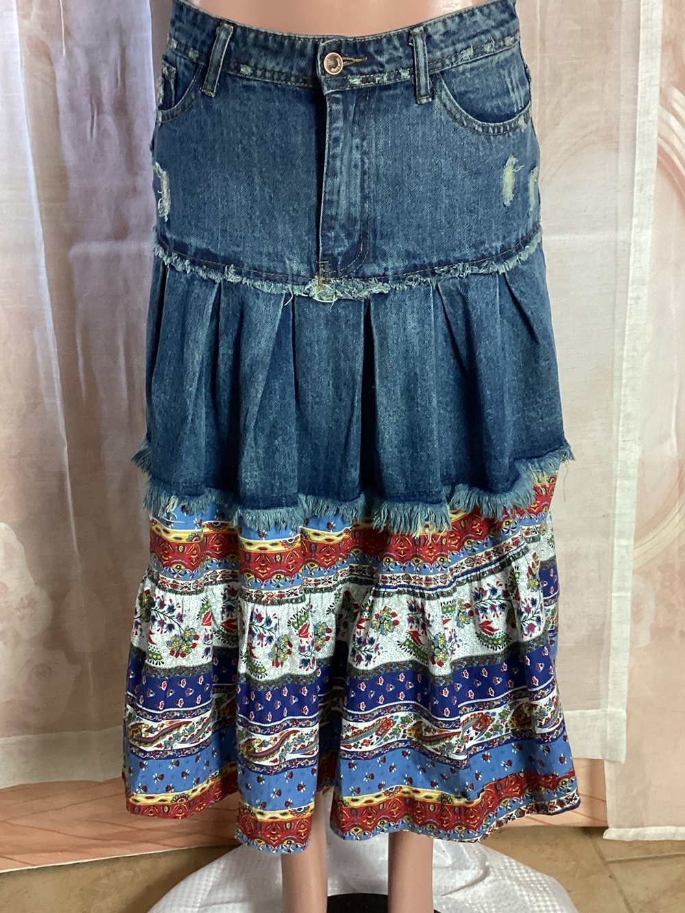 Mixed-Media Denim Tiered Maxi Skirt - Blue Multi